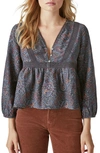 Lucky Brand Paisley Lace Trim Babydoll Top In Black Multi
