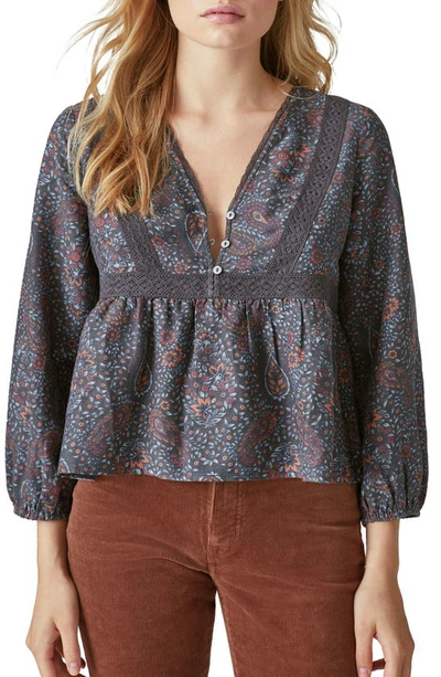 Lucky Brand Paisley Lace Trim Babydoll Top In Grey