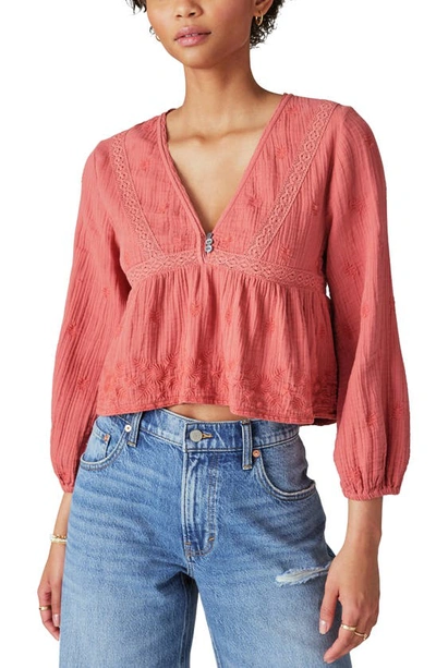 ラッキーブランド Lucky Brand Lace Inset Babydoll Top レディース シャツ トップス レッドウッド Burl Lucky Brand Women's Lace-inset Cotton Babydoll Top In
