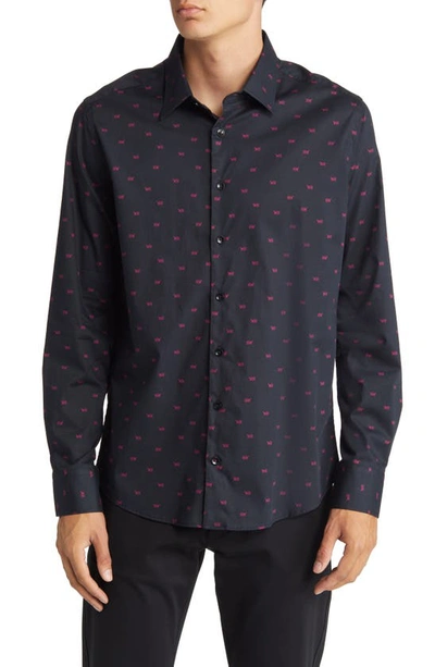 Stone Rose Tiger Print Stretch Cotton Button-up Shirt In Black