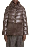 Herno Ultralight Down Puffer Jacket With Faux Fur Trim In Marrone Scuro