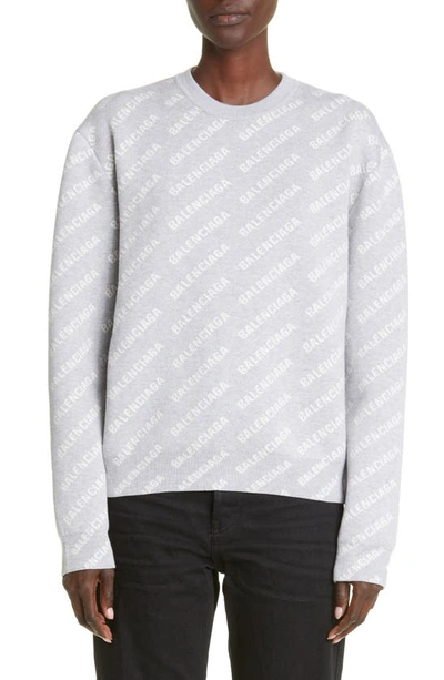 Balenciaga Logo Jacquard Crop Crewneck Cotton & Wool Blend Sweater In Grey