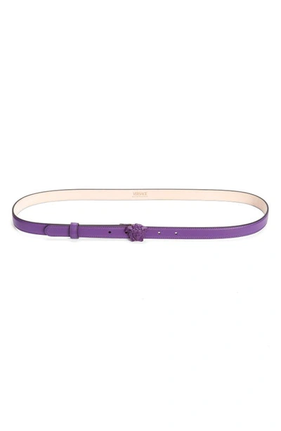 Versace Medusa Leather Skinny Belt In Dark Orchid