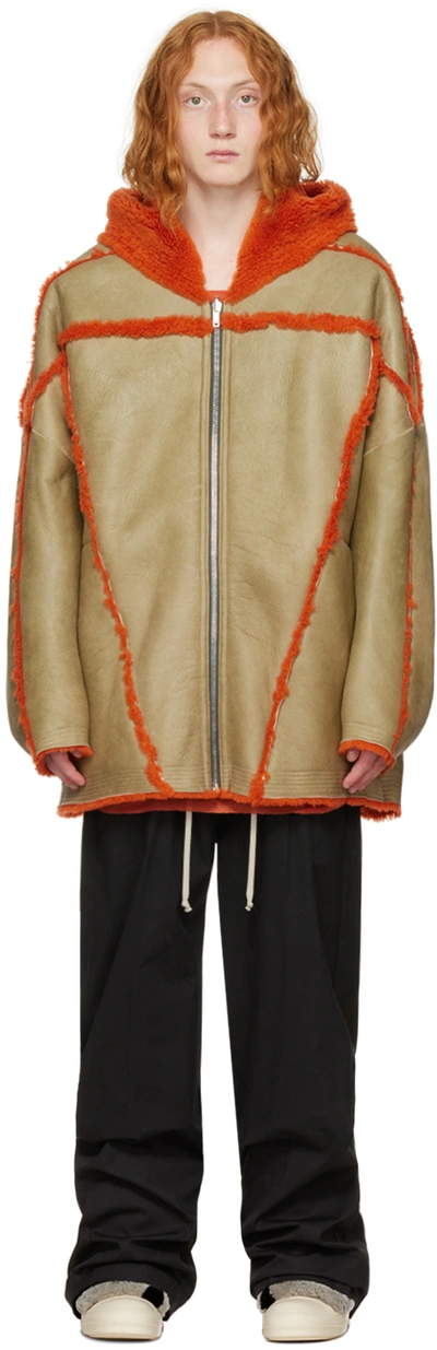 Rick Owens Jumbo Peter Shearling Hooded Jacket In Beige