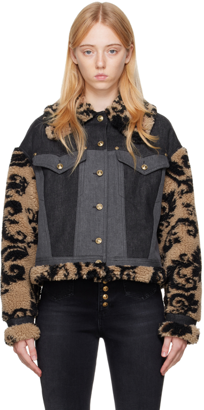 Versace Jeans Couture Baroque-print Panelled Denim Jacket In Black