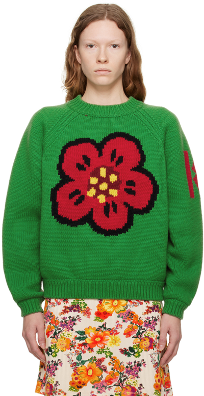 Kenzo Boke Flower Motif Embroidered Sweater In Verde