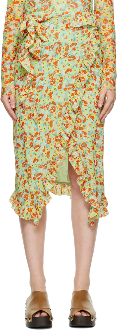 Ganni Green Floral Midi Skirt In 382 Meadow Celadon G