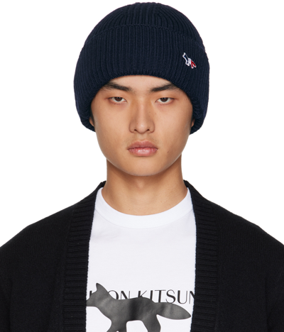 Maison Kitsuné Tricolour Fox-patch Ribbed-wool Beanie Hat In Navy