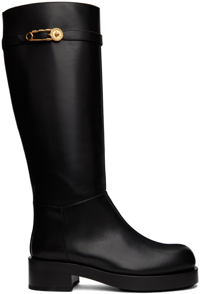 VERSACE BLACK SAFETY PIN TALL BOOTS