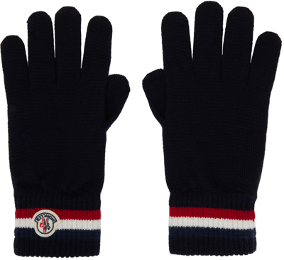 Moncler Mens Black Striped Brand-patch Wool Gloves Xl In Navy