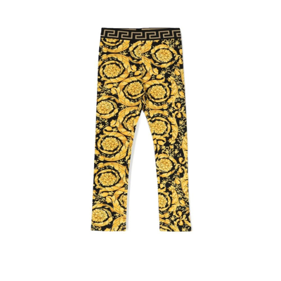 Versace Kids' Yellow And Black Barocco Print Leggings In 5b000 Nero+oro