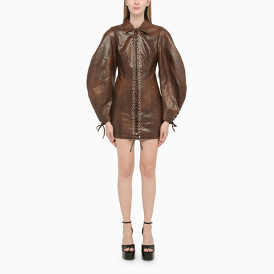 slim fit dress slacks Edikted Draped Faux Leather Mini Dress - Brown main image 0