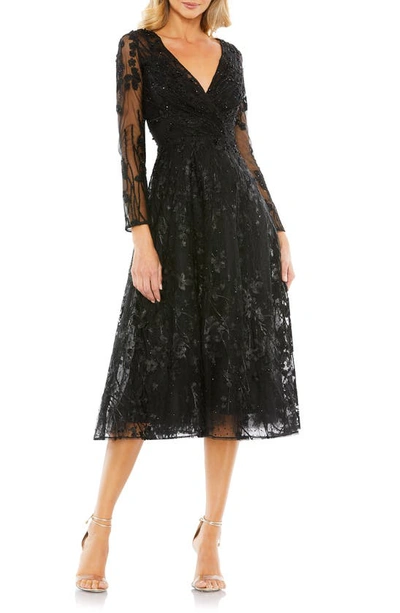Mac Duggal Beaded Floral Long Sleeve A-line Dress In Black