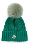 Moncler Wool Rib Beanie With Faux Fur Pompom In Military