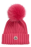 Moncler Wool Rib Beanie With Faux Fur Pompom In Pink