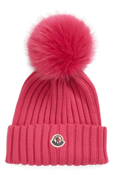 Moncler Wool Rib Beanie With Faux Fur Pompom In Pink