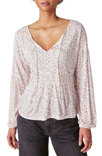 Lucky Brand Ditsy Long Sleeve Peplum Top In Cream Multi