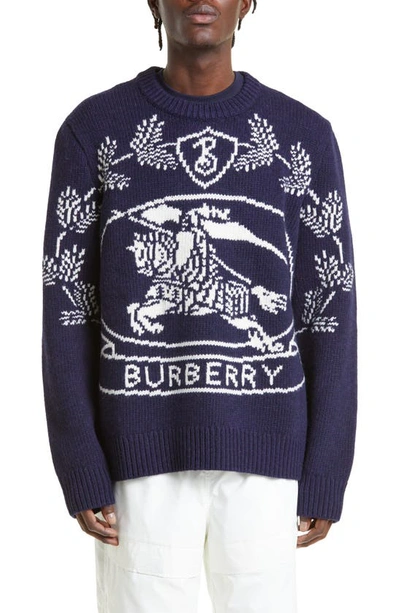 Burberry Alton Logo Intarsia Wool Knit Sweater In Dark Charcoal Blue
