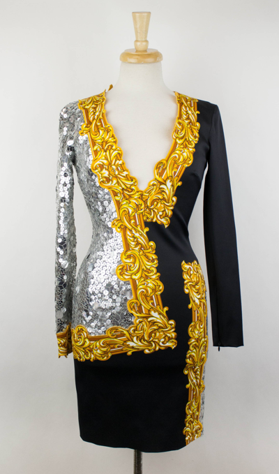 Pre-owned Jeremy Scott X Moschino Kids' New 'long Sleeve Sequin Mirror' Dress Size 6/40 $4295 In Black