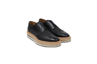 Pre-owned Prada Denim Leather Wingtip Platform Espadrille Brogues - 00664 Shoes In Black
