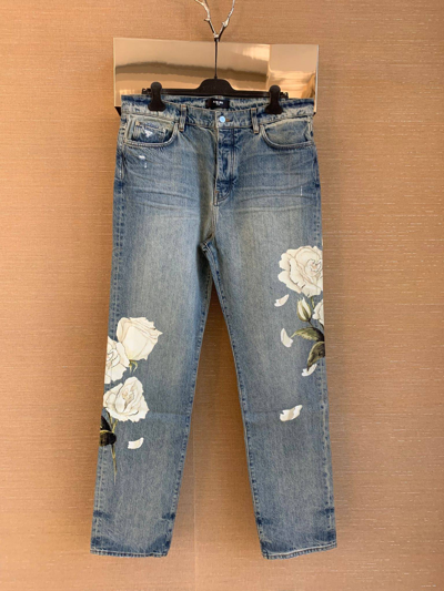 Pre-owned Amiri Kids' Floral Painted Relaxed Jean In Blue