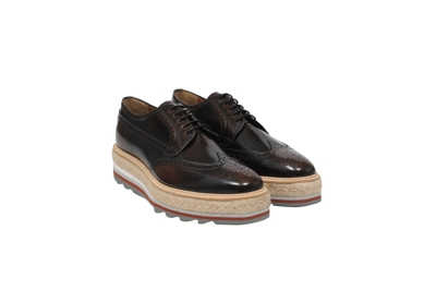 Pre-owned Prada Wingtip Platform Derby Brogues Leather Medallion - 009669 Shoes In Brown