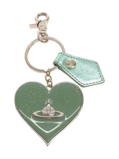 Pre-owned Vivienne Westwood Heart Orb Metallic Leather Keychain In Green