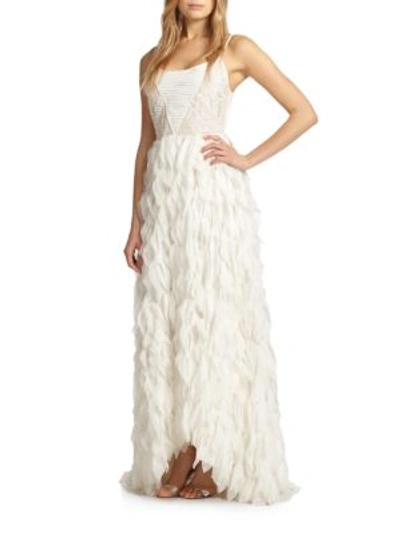 Alice And Olivia Eaddy Embroidered Feather Gown In White