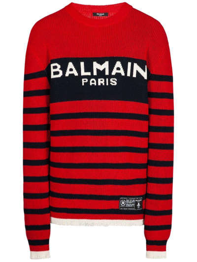 Pre-owned Balmain Wool Sweater With Logo In Red