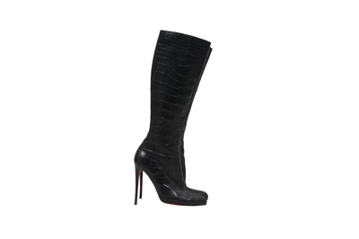 Pre-owned Christian Louboutin Crocodile Knee High Boots Black Leather
