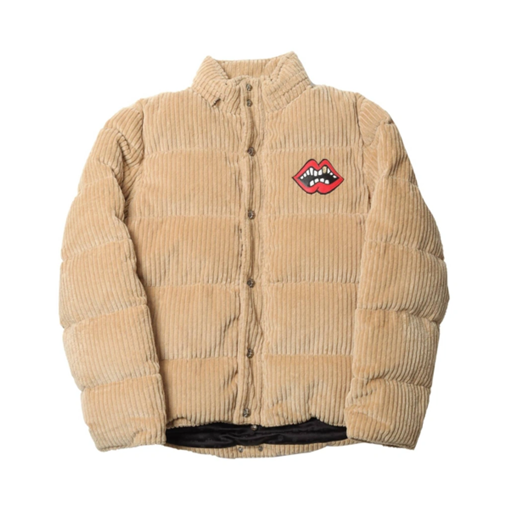 Pre-owned Chrome Hearts Corduroy Red Lips Puffer Jacket In Khaki