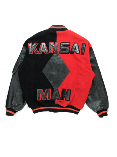 Pre-owned Kansai Yamamoto Leather Colorblock Varsity Jacket In Black