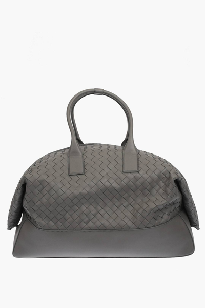 Pre-owned Bottega Veneta Braided Soft Leather Weekender Bag In Grey
