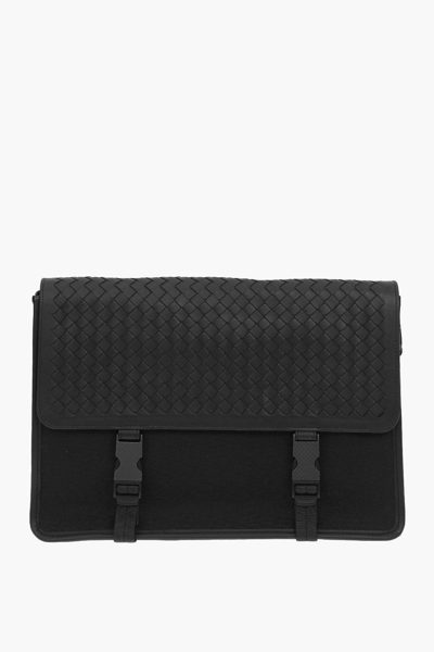 Pre-owned Bottega Veneta Leather Canvas Messenger Bag In Black