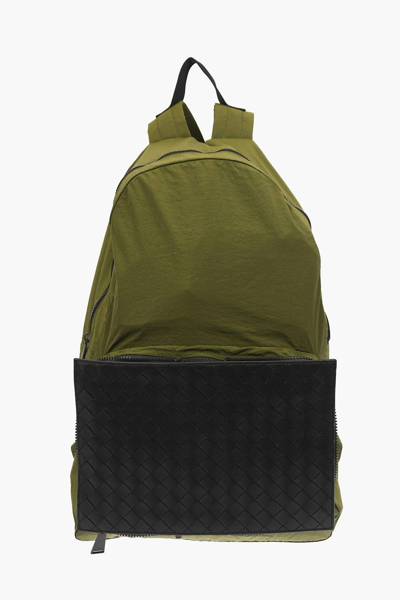 Pre-owned Bottega Veneta Nylon Braided Leather Foldable Backpack In Miltary Green