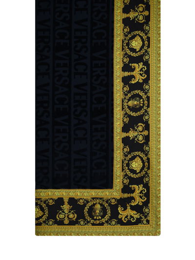 Versace Gold And Blue Cotton Baroque Towel In Black/gold