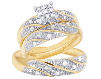 Pre-owned Jewelry Unlimited Men's Ladies 10k Yellow Gold Genuine Diamond Square Trio Wedding Ring Set 1/3 Ct