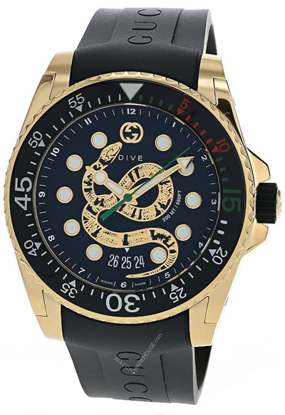 Pre-owned Gucci Dive 45mm Qtz Gold Snake Dial Black Rubber Men's Watch Ya136219