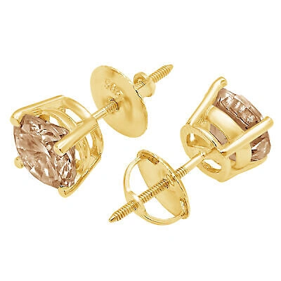 Pre-owned Pucci 3.0 Ct Round Solitaire Champagne Diamond Simulated Stud Earrings 14k Yellow Gold
