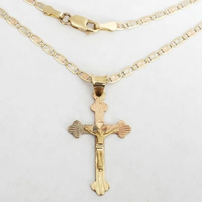 Pre-owned Love Jewels Tri Color 14k Gold Jesus Crucifix Cross Pendant Charm 22" Chain Set Necklace