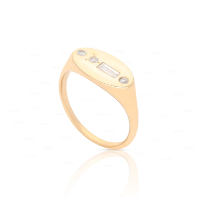 Pre-owned Irisha Designs Round And Baguette Diamond Classic Signet Wedding 14k Gold Ring Fine Jewelry In Yellow