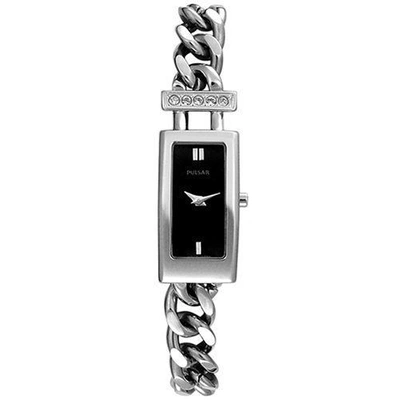 Pre-owned Pulsar Ladies Peg705 Chain Link Bracelet Black Dial Crystals Dress Watch