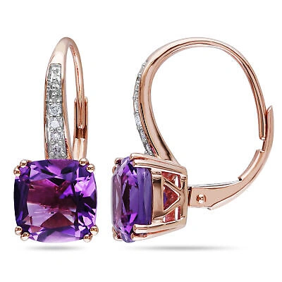 Pre-owned Amethyst Amour 10k Rose Gold  And Diamond Accent Dangle Earrings In Purple