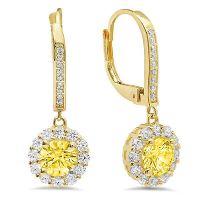 Pre-owned Pucci 2.2 Ct Round Halo Yellow Diamond Simulated Drop Dangle Earrings 14k Yellow Gold
