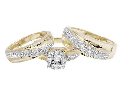 Pre-owned Jewelry Unlimited Ladies Men's 10k Yellow Gold Real Diamond Engagement Trio Bridal Ring Set .75ct