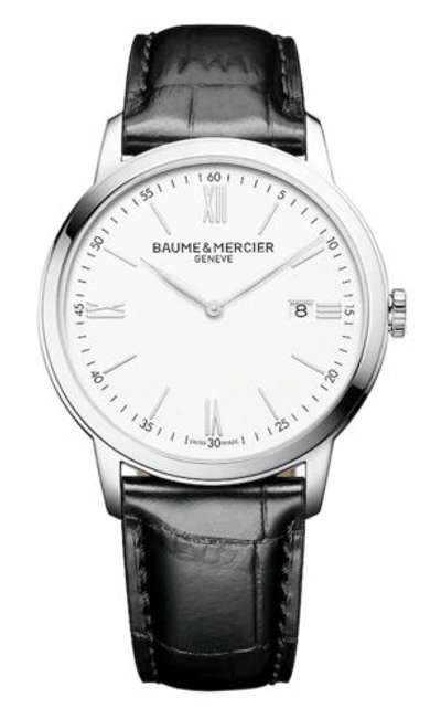 Pre-owned Baume Et Mercier Baume & Mercier Classima White Dial Black Leather Strap Date Mens Watch M0a10414