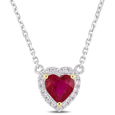 Pre-owned Amour 14k White Gold Yellow Gold Prongs Ruby & Diamond Halo Stationed Necklace In Red