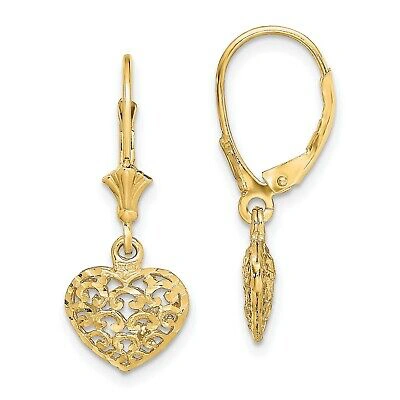 Pre-owned Jewelry Stores Network 14k Yellow Gold Diamond-cut Mini Puffed Heart Leverback Earrings