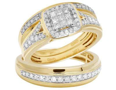 Pre-owned Jewelry Unlimited 10k Yellow Gold Mens/ladies Princess Genuine Diamond Trio Wedding Ring Set 1.0ct