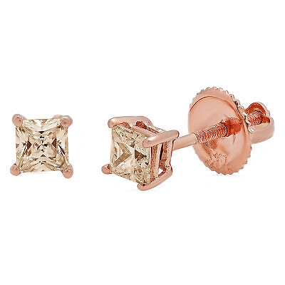 Pre-owned Pucci 0.5 Ct Princess Solitaire Champagne Simulated Stud Earrings 14k Rose Solid Gold In D